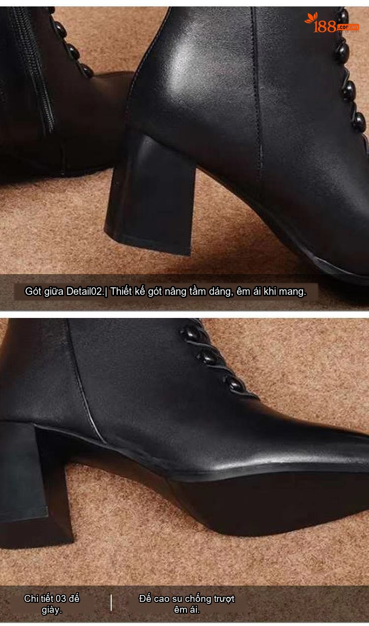 Boot Nữ Da Thật Cổ Ngắn Gót Vuông Chiều Cao Đế Khoảng 5cm Màu Đen chi tiết 15