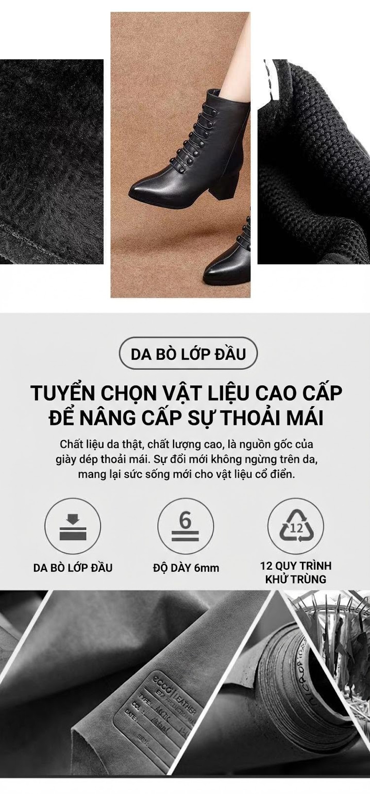 Boot Nữ Da Thật Cổ Ngắn Gót Vuông Chiều Cao Đế Khoảng 5cm Màu Đen chi tiết 4