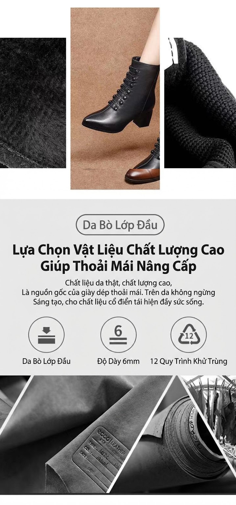 Boot Nữ Da Thật Cổ Ngắn Gót Vuông Chiều Cao Đế Khoảng 5cm Màu Đen chi tiết 11