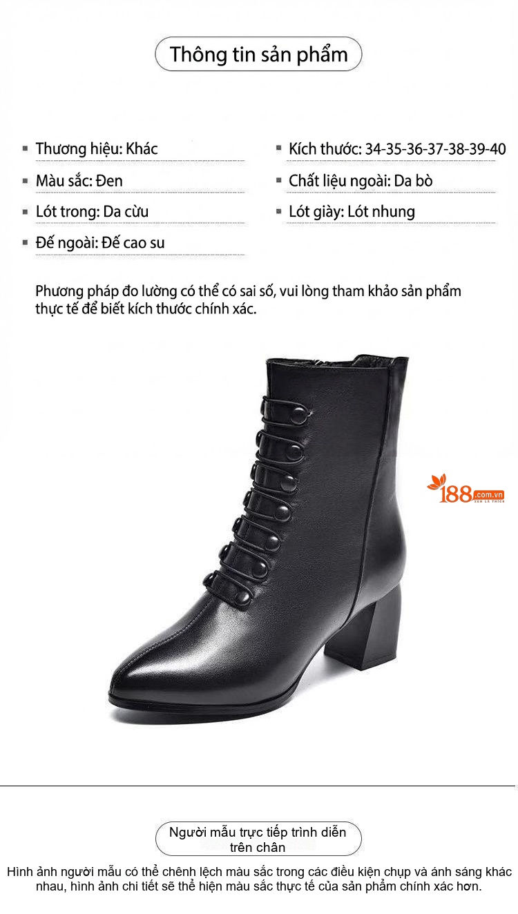 Boot Nữ Da Thật Cổ Ngắn Gót Vuông Chiều Cao Đế Khoảng 5cm Màu Đen chi tiết 12
