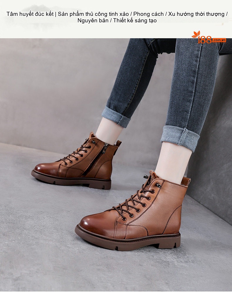 Boot Nữ Da Thật Cổ Ngắn Lót Lông Chiều Cao Đế Khoảng 3cm Màu Đen, Nâu chi tiết 1