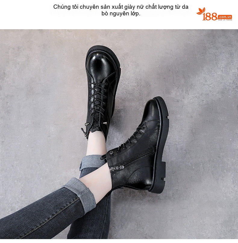 Boot Nữ Da Thật Cổ Ngắn Lót Lông Chiều Cao Đế Khoảng 3cm Màu Đen, Nâu chi tiết 2