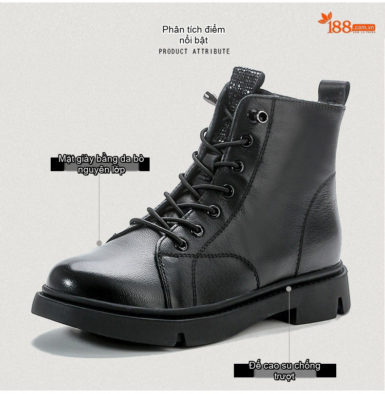 Boot Nữ Da Thật Cổ Ngắn Lót Lông Chiều Cao Đế Khoảng 3cm Màu Đen, Nâu chi tiết 3