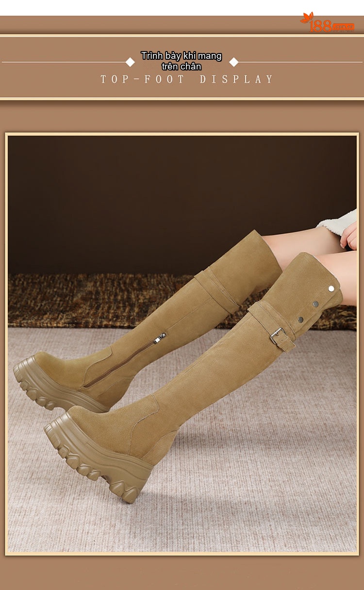 Boot Nữ Da Thật Khóa Kéo Dáng Dài Cổ Lật Chiều Cao Đế Khoảng 12cm Màu Đen, Nâu chi tiết 5