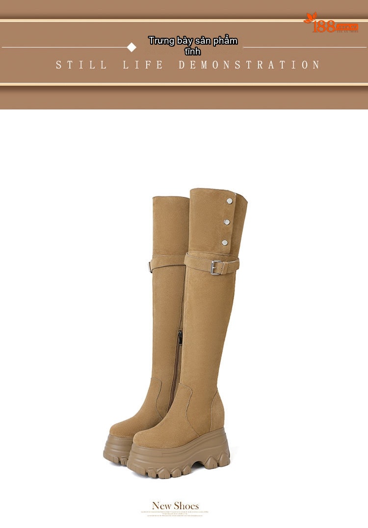 Boot Nữ Da Thật Khóa Kéo Dáng Dài Cổ Lật Chiều Cao Đế Khoảng 12cm Màu Đen, Nâu chi tiết 13