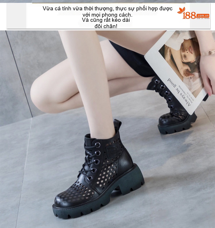 Boot Nữ Da Thật Khoét Lỗ Chiều Cao Đế Khoảng 5cm Màu Nâu chi tiết 2