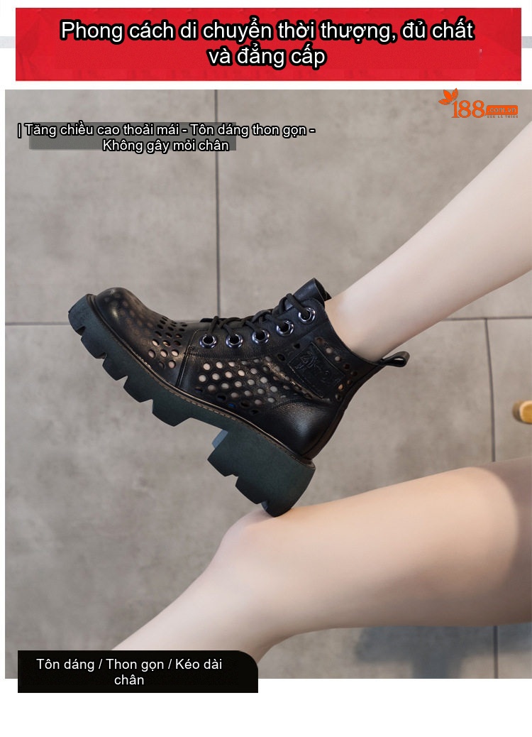 Boot Nữ Da Thật Khoét Lỗ Chiều Cao Đế Khoảng 5cm Màu Nâu chi tiết 6