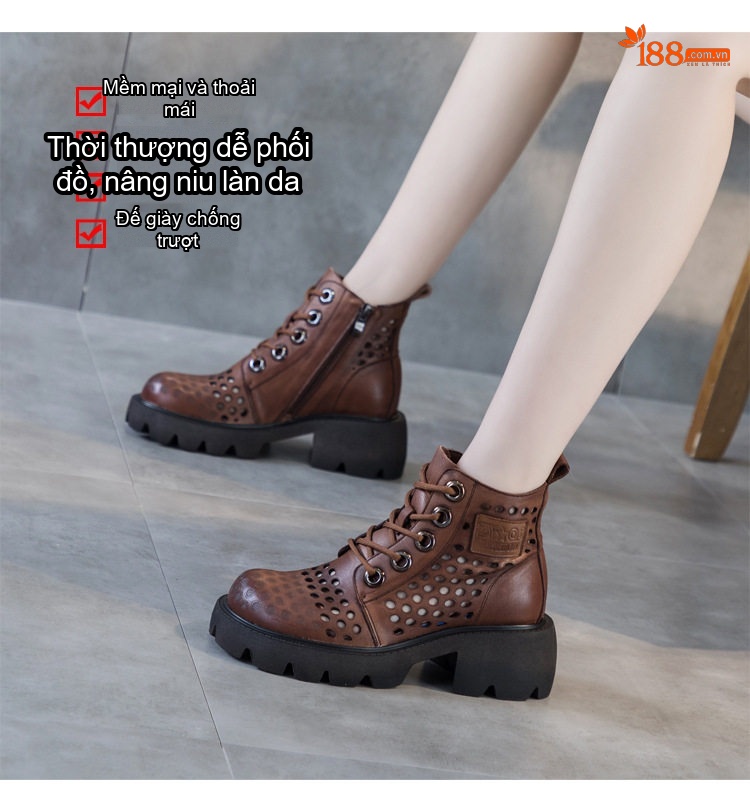 Boot Nữ Da Thật Khoét Lỗ Chiều Cao Đế Khoảng 5cm Màu Nâu chi tiết 7