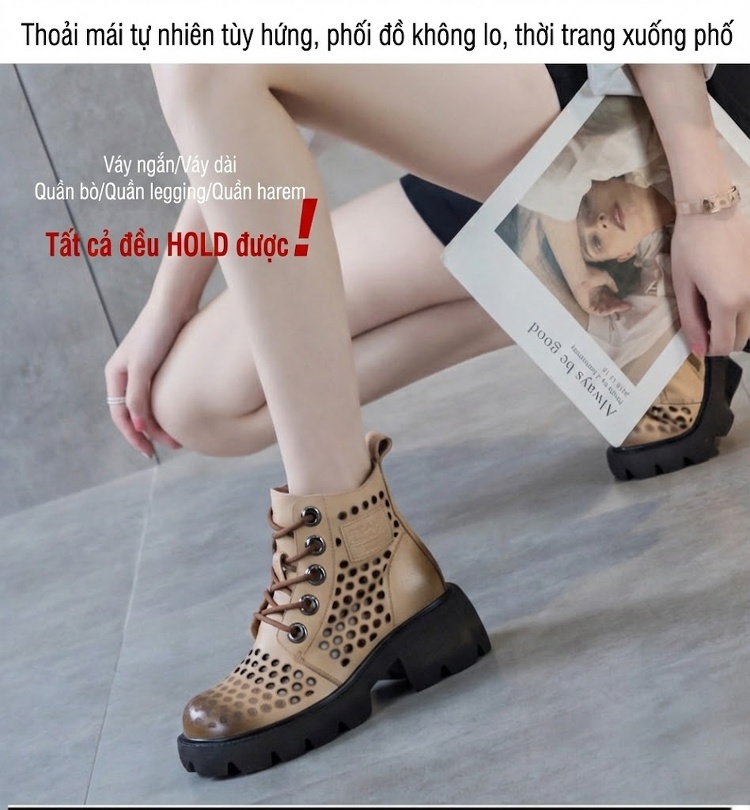 Boot Nữ Da Thật Khoét Lỗ Chiều Cao Đế Khoảng 5cm Màu Nâu chi tiết 9