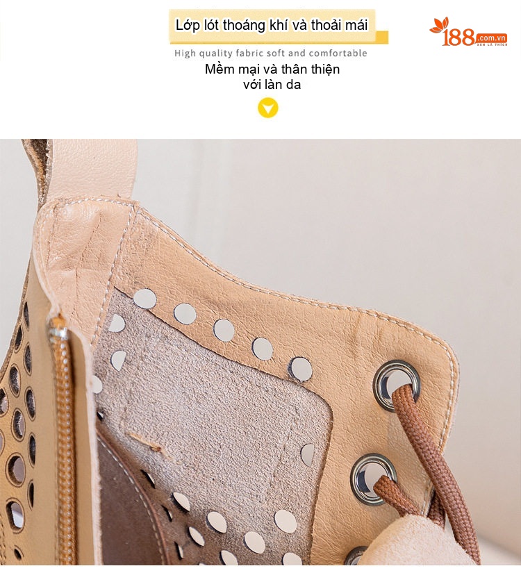 Boot Nữ Da Thật Khoét Lỗ Chiều Cao Đế Khoảng 5cm Màu Nâu chi tiết 11