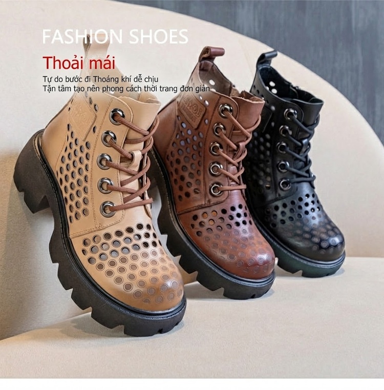 Boot Nữ Da Thật Khoét Lỗ Chiều Cao Đế Khoảng 5cm Màu Nâu chi tiết 14