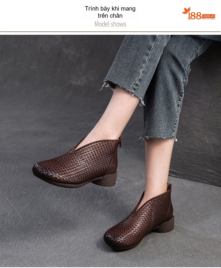 Boot Nữ Đan Thủ Công Thoải Mái Chiều Cao Đế Khoảng 3cm Màu Đen, Nâu chi tiết 8