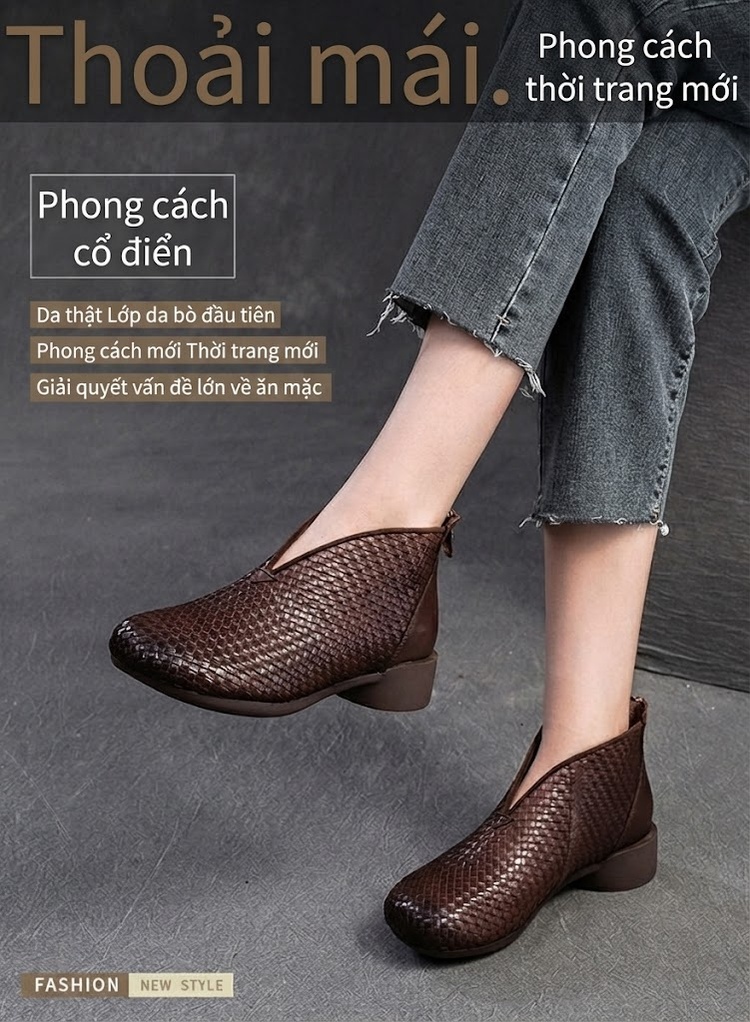 Boot Nữ Đan Thủ Công Thoải Mái Chiều Cao Đế Khoảng 3cm Màu Đen, Nâu chi tiết 1
