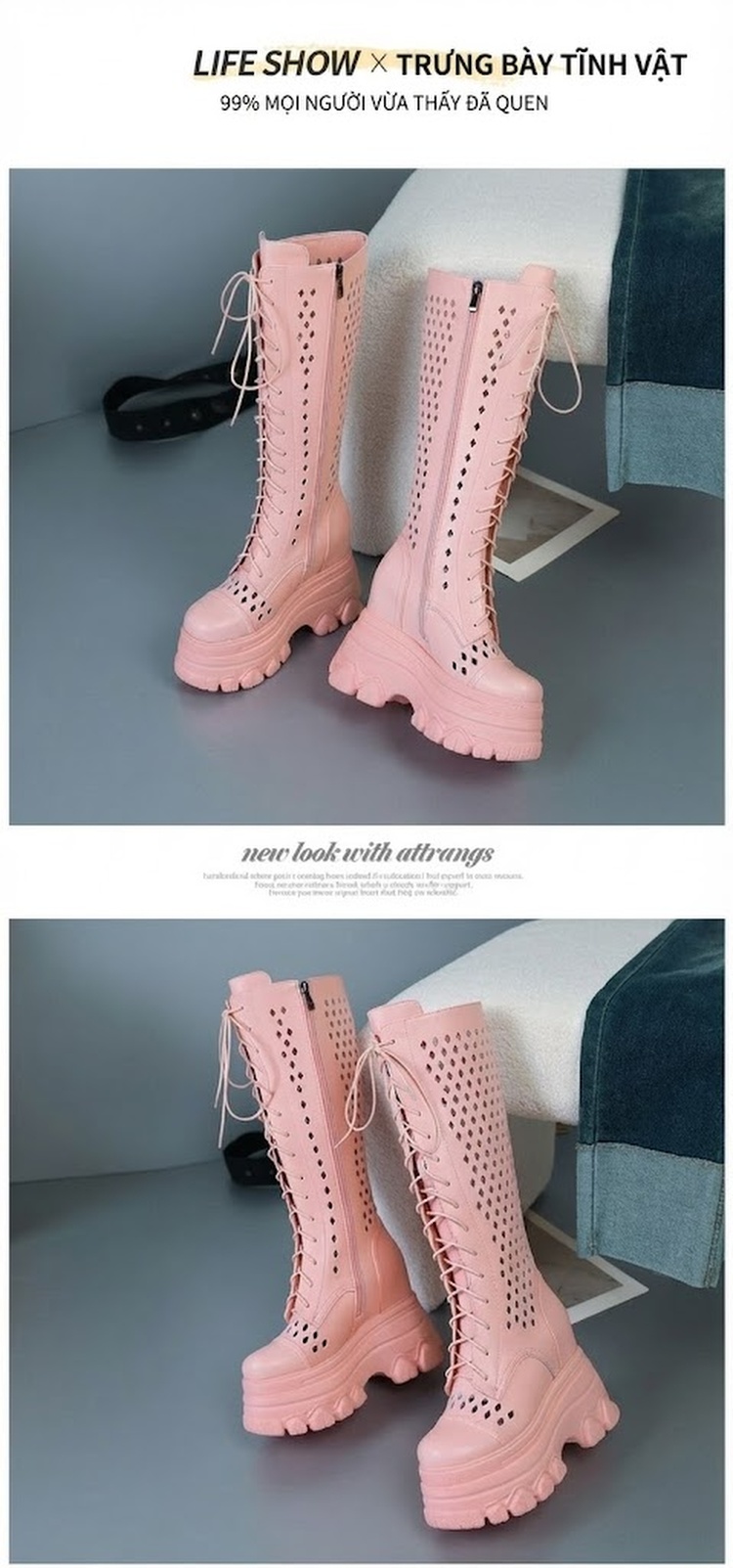 Boot Nữ Dáng Dài Da Thật Khoét Lỗ Chiều Cao Đế Khoảng 12cm Màu Hồng, Đen, Kem chi tiết 8