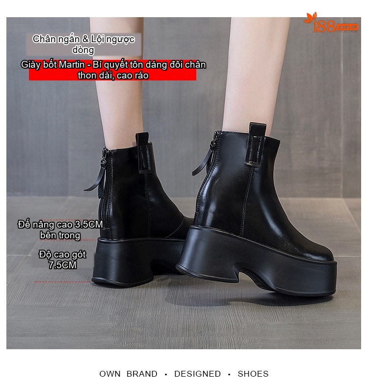 Boot Nữ Đế Cao Chiều Cao Đế Khoảng 7cm Da Bóng Màu Đen, Nâu chi tiết 2