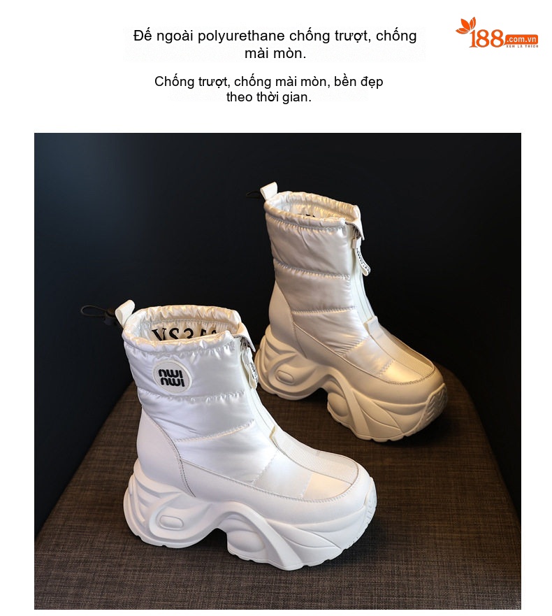 Boot Nữ Đế Cao Lót Lông Giữ Ấm Chống Trượt Chiều Cao Đế Khoảng 8cm Màu Đen, Trắng, Bạc chi tiết 11