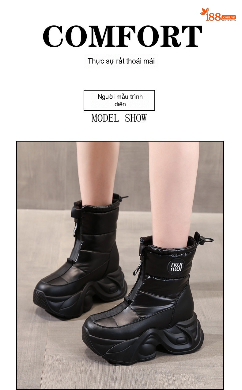Boot Nữ Đế Cao Lót Lông Giữ Ấm Chống Trượt Chiều Cao Đế Khoảng 8cm Màu Đen, Trắng, Bạc chi tiết 12