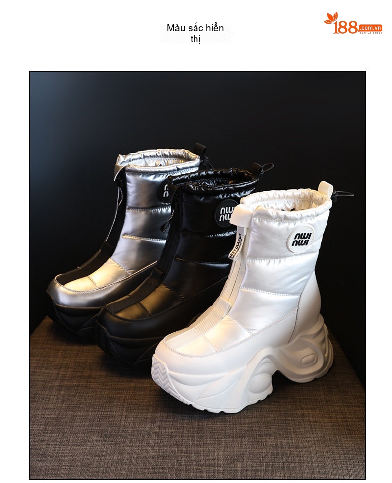 Boot Nữ Đế Cao Lót Lông Giữ Ấm Chống Trượt Chiều Cao Đế Khoảng 8cm Màu Đen, Trắng, Bạc chi tiết 19