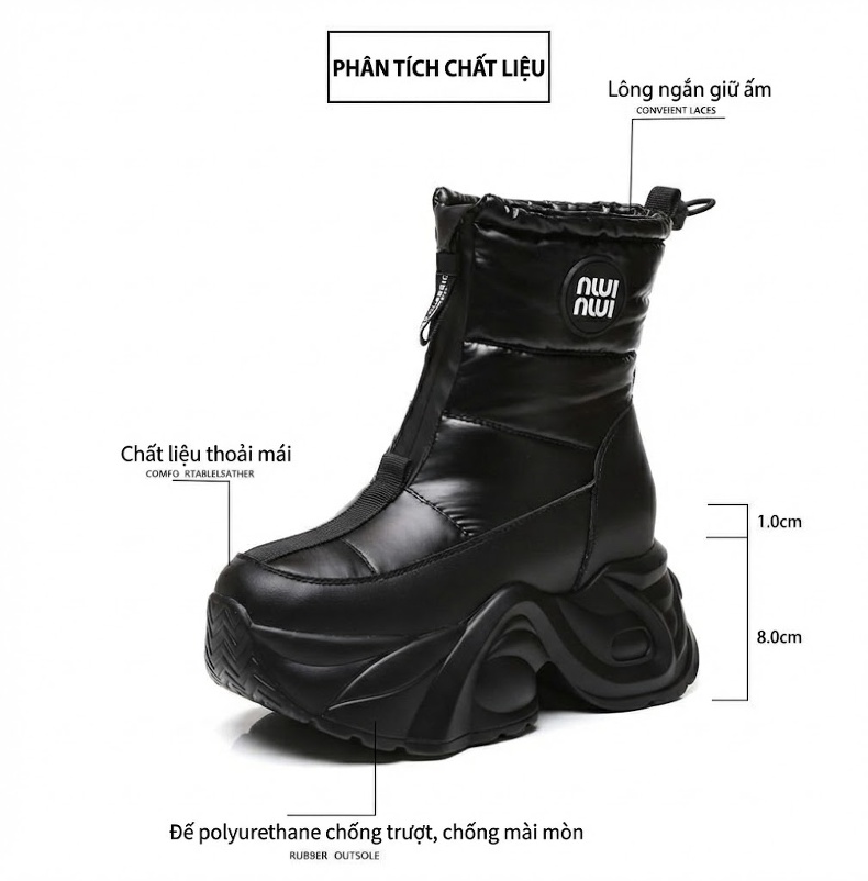 Boot Nữ Đế Cao Lót Lông Giữ Ấm Chống Trượt Chiều Cao Đế Khoảng 8cm Màu Đen, Trắng, Bạc chi tiết 3