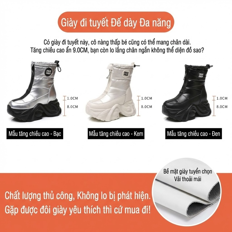 Boot Nữ Đế Cao Lót Lông Giữ Ấm Chống Trượt Chiều Cao Đế Khoảng 8cm Màu Đen, Trắng, Bạc