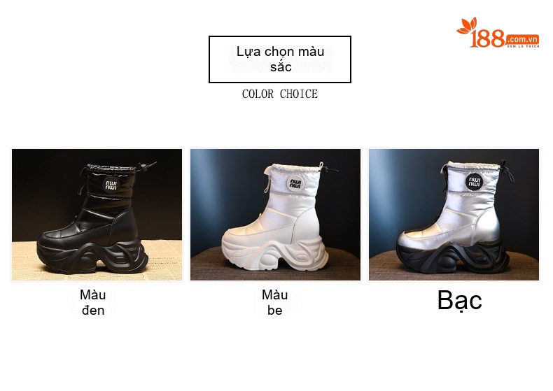Boot Nữ Đế Cao Lót Lông Giữ Ấm Chống Trượt Chiều Cao Đế Khoảng 8cm Màu Đen, Trắng, Bạc chi tiết 2