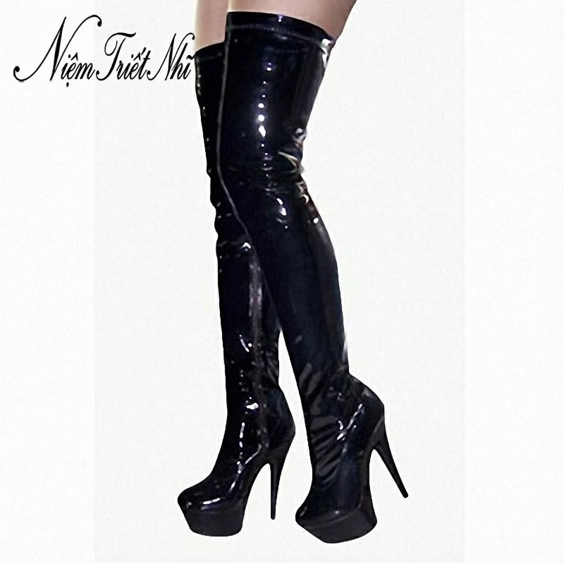 Boot Nữ Hở Gối Da Bóng Đế Xuồng Cao Gót 15cm Phong Cách Gợi Cảm Màu Đen