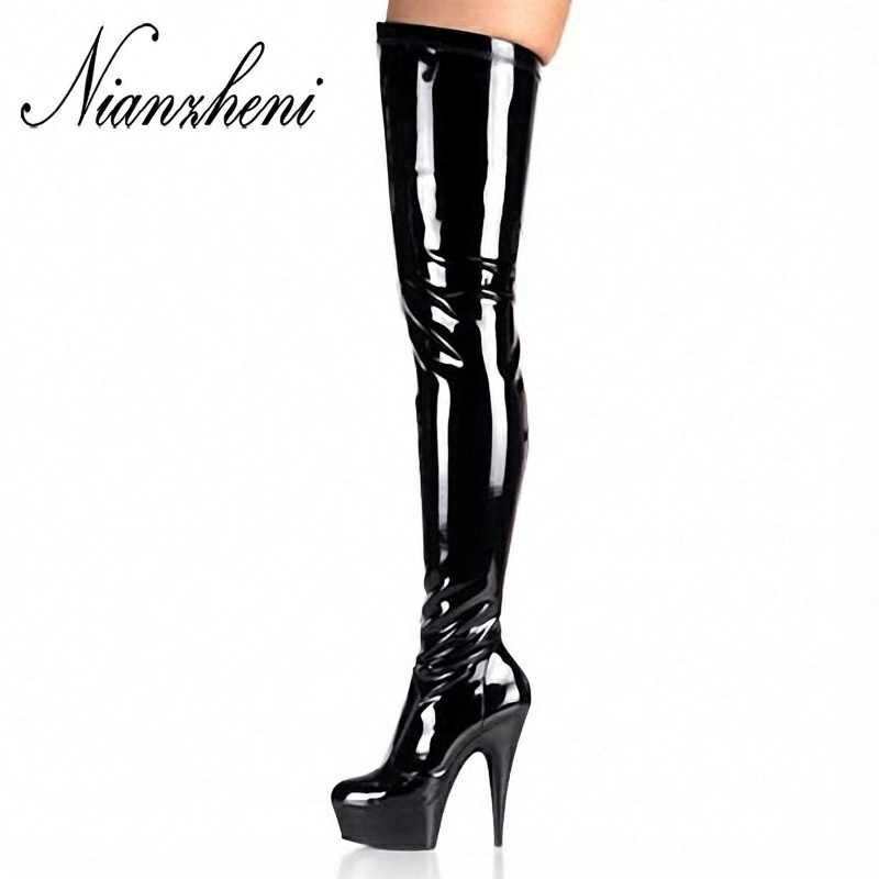 Boot Nữ Hở Gối Da Bóng Đế Xuồng Cao Gót 15cm Phong Cách Gợi Cảm Màu Đen