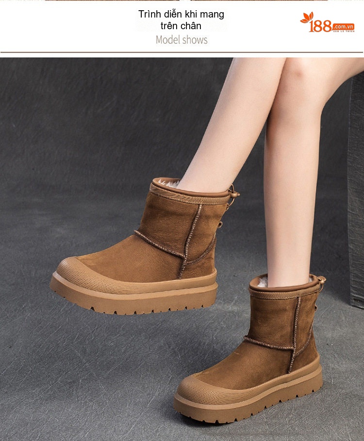 Boot Nữ Lót Lông Cừu Giữ Ấm Phong Cách Hàn Quốc Da Mờ Chiều Cao Đế Khoảng 4cm Màu Nâu chi tiết 8