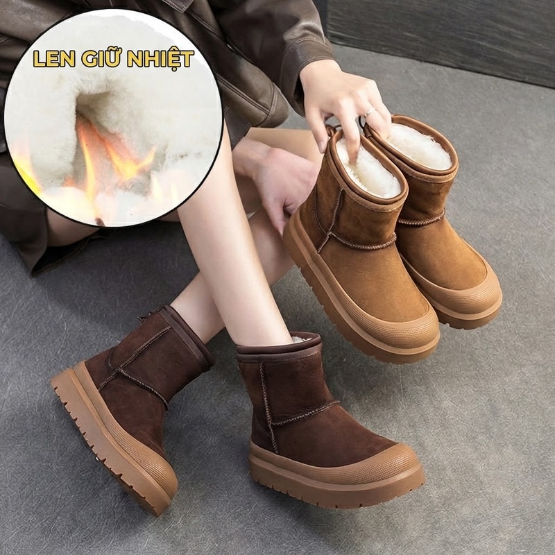 Boot Nữ Lót Lông Cừu Giữ Ấm Phong Cách Hàn Quốc Da Mờ Chiều Cao Đế Khoảng 4cm Màu Nâu