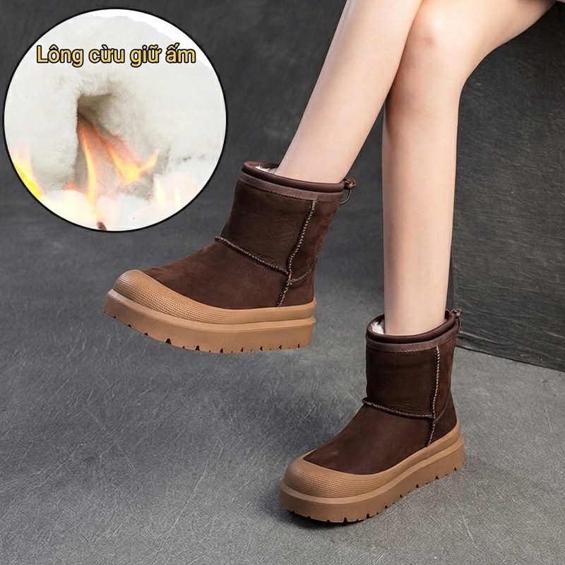 Boot Nữ Lót Lông Cừu Giữ Ấm Phong Cách Hàn Quốc Da Mờ Chiều Cao Đế Khoảng 4cm Màu Nâu