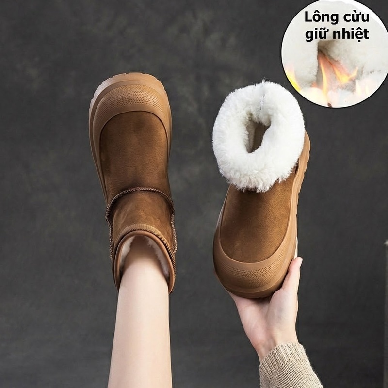 Boot Nữ Lót Lông Cừu Giữ Ấm Phong Cách Hàn Quốc Da Mờ Chiều Cao Đế Khoảng 4cm Màu Nâu