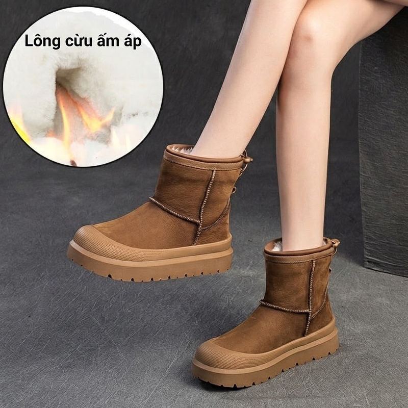 Boot Nữ Lót Lông Cừu Giữ Ấm Phong Cách Hàn Quốc Da Mờ Chiều Cao Đế Khoảng 4cm Màu Nâu