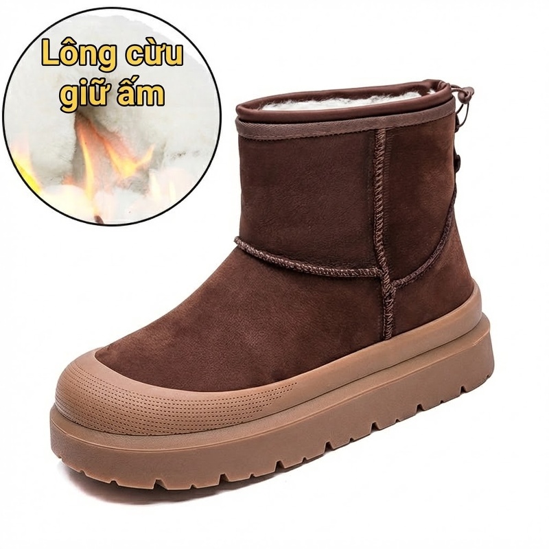 Boot Nữ Lót Lông Cừu Giữ Ấm Phong Cách Hàn Quốc Da Mờ Chiều Cao Đế Khoảng 4cm Màu Nâu