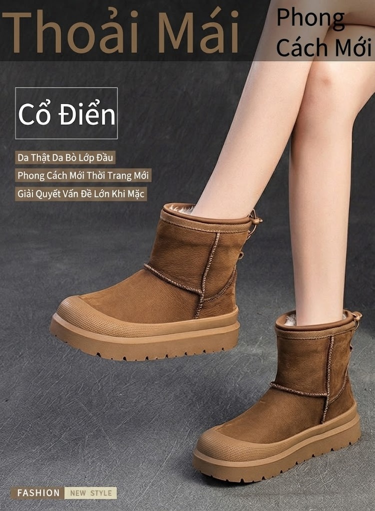 Boot Nữ Lót Lông Cừu Giữ Ấm Phong Cách Hàn Quốc Da Mờ Chiều Cao Đế Khoảng 4cm Màu Nâu chi tiết 2