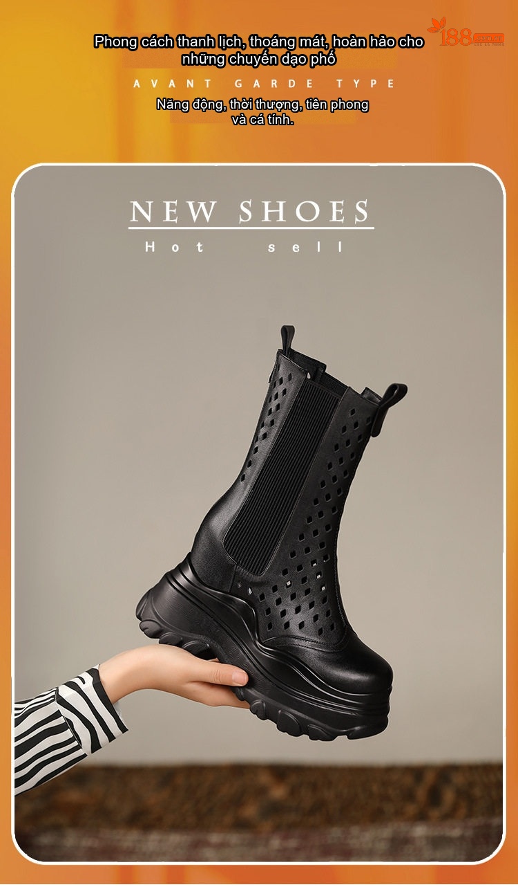 Boot Nữ Martin Cổ Lửng Da Thật Đế Dày Tăng Chiều Cao 12cm Khoét Lỗ Thoáng Khí Màu Đen, Trắng chi tiết 1