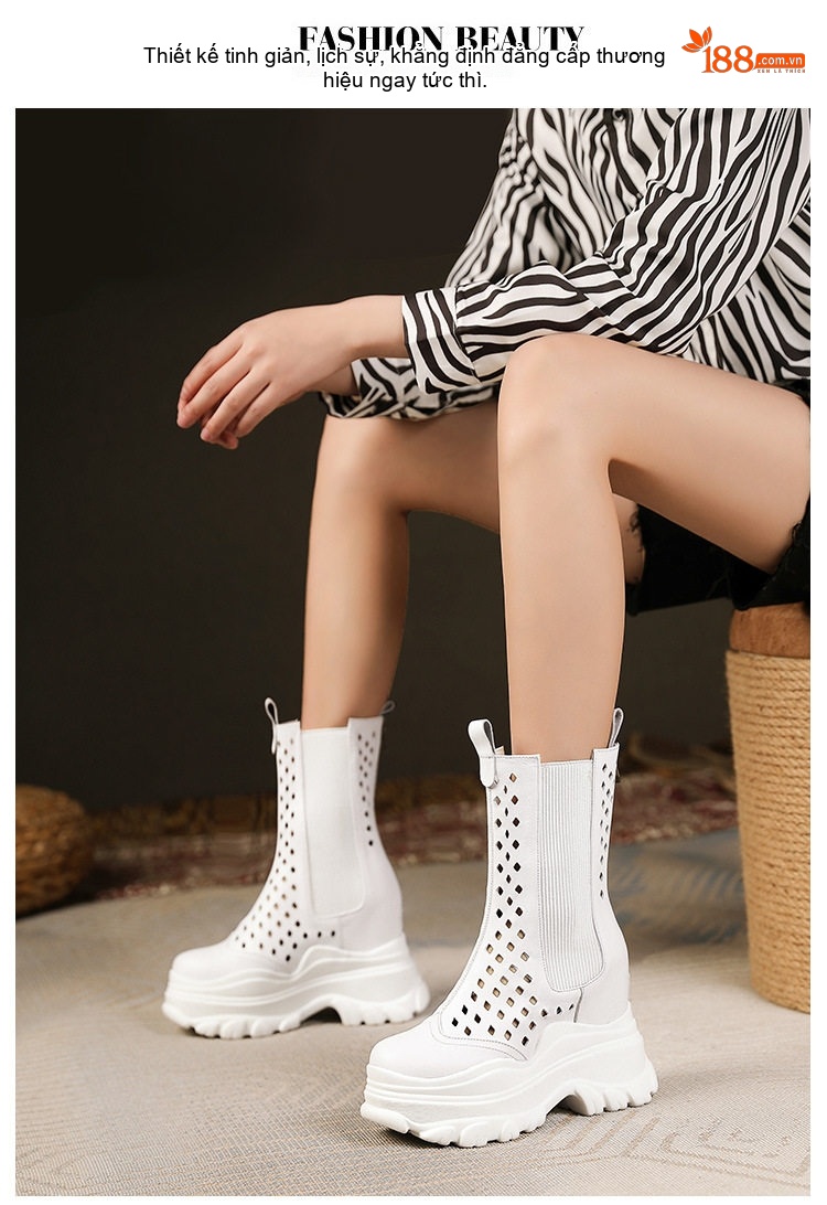 Boot Nữ Martin Cổ Lửng Da Thật Đế Dày Tăng Chiều Cao 12cm Khoét Lỗ Thoáng Khí Màu Đen, Trắng chi tiết 4