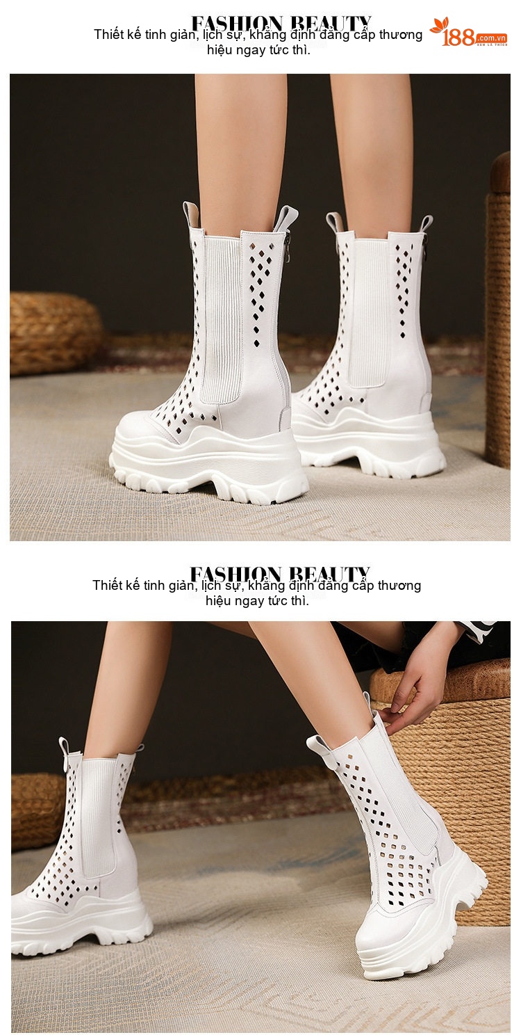 Boot Nữ Martin Cổ Lửng Da Thật Đế Dày Tăng Chiều Cao 12cm Khoét Lỗ Thoáng Khí Màu Đen, Trắng chi tiết 5