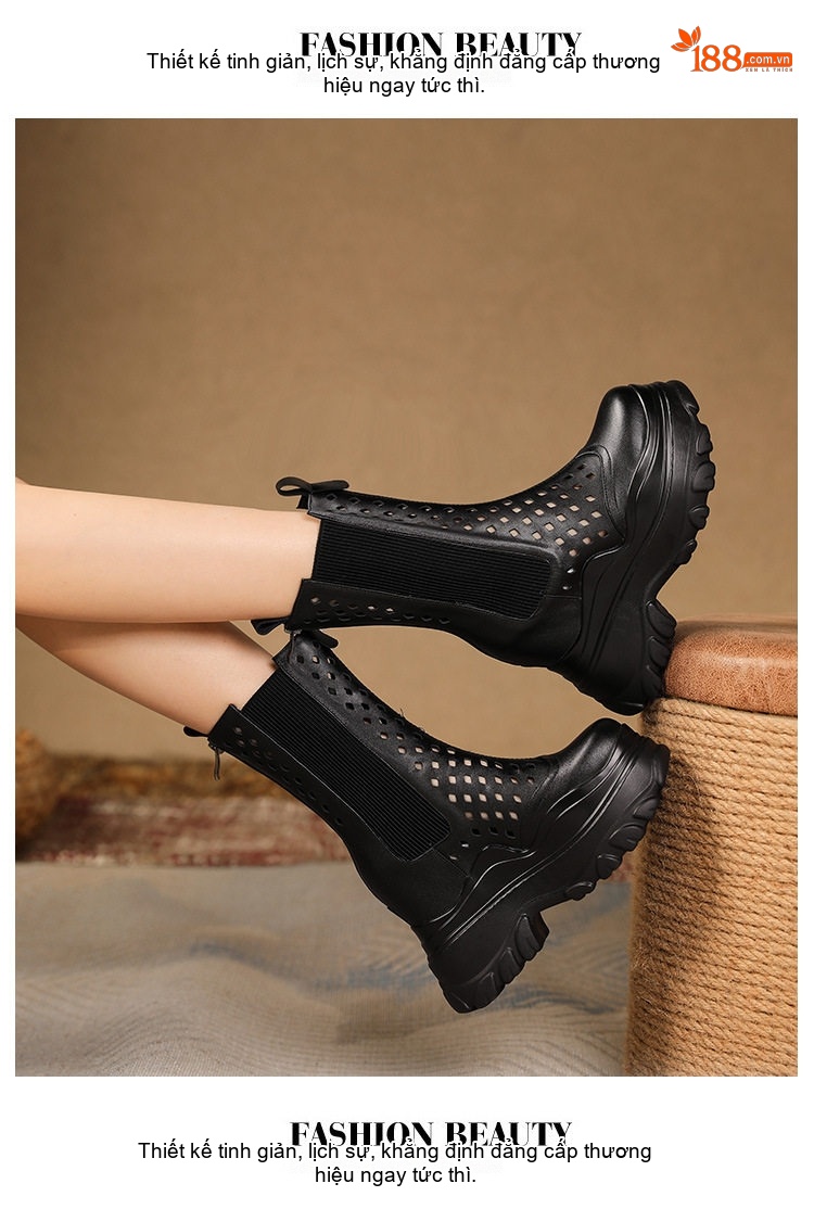 Boot Nữ Martin Cổ Lửng Da Thật Đế Dày Tăng Chiều Cao 12cm Khoét Lỗ Thoáng Khí Màu Đen, Trắng chi tiết 6