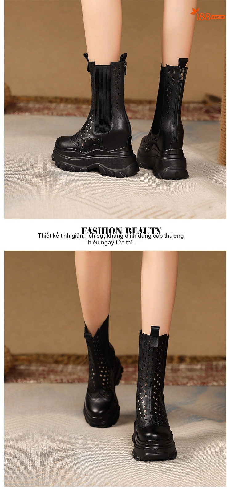 Boot Nữ Martin Cổ Lửng Da Thật Đế Dày Tăng Chiều Cao 12cm Khoét Lỗ Thoáng Khí Màu Đen, Trắng chi tiết 7