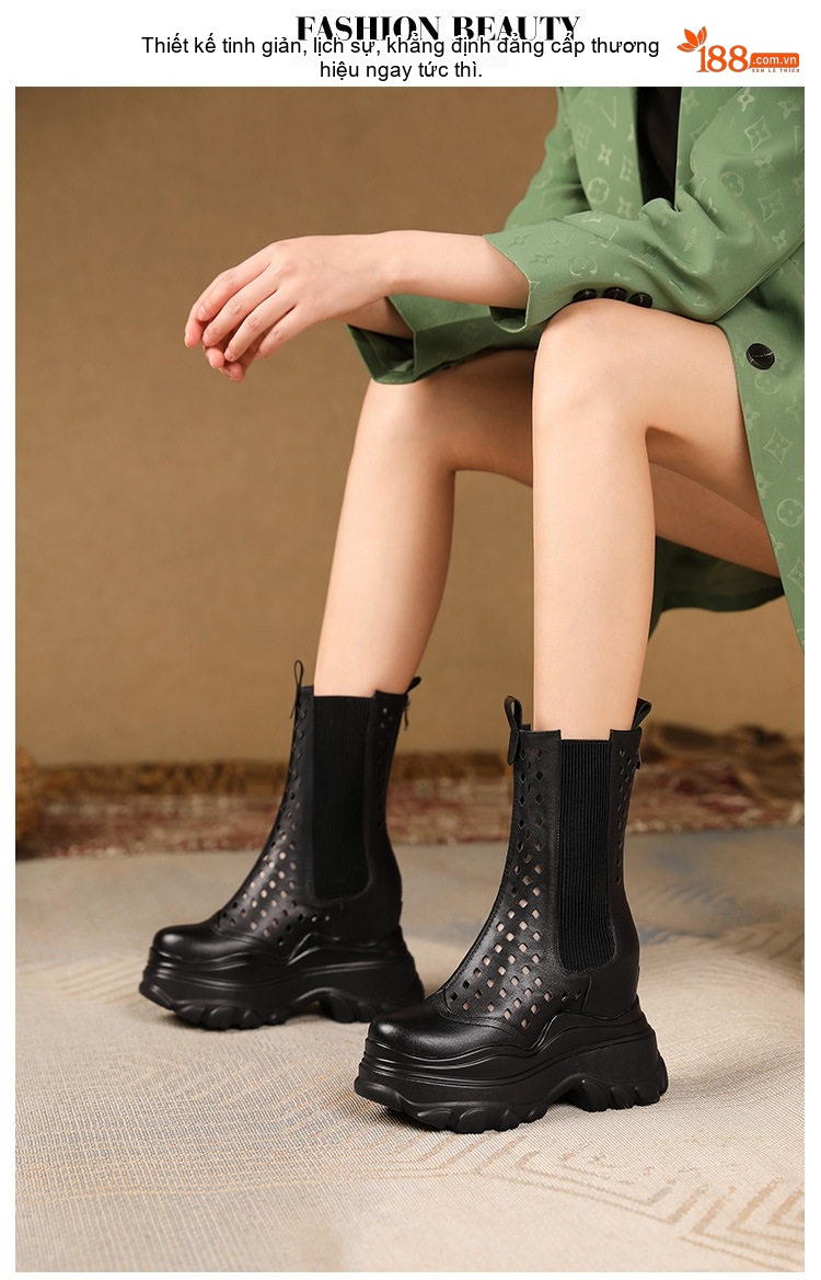 Boot Nữ Martin Cổ Lửng Da Thật Đế Dày Tăng Chiều Cao 12cm Khoét Lỗ Thoáng Khí Màu Đen, Trắng chi tiết 8