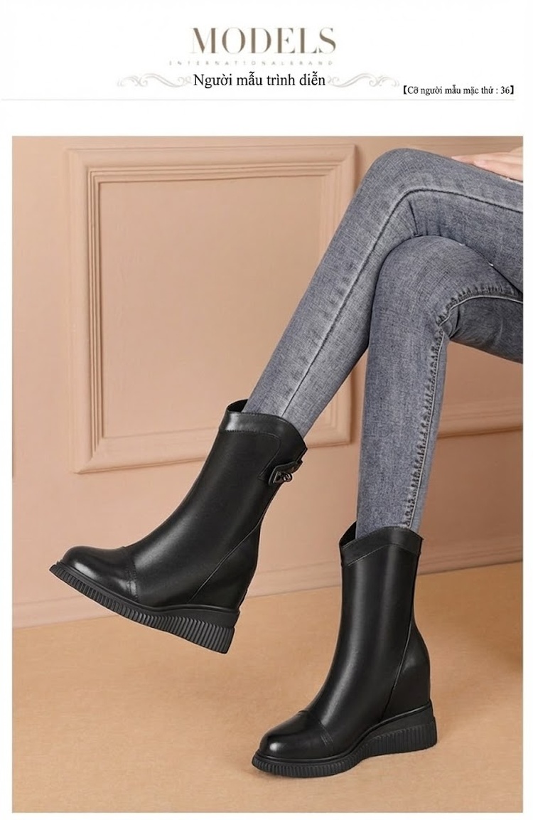 Boot Nữ Mũi Nhọn Da Bóng Đế Xuồng Chiều Cao Đế Khoảng 10cm Màu Đen, Trắng chi tiết 3