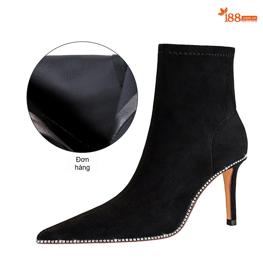 Boot Nữ Nỉ Gót Nhọn Chiều Cao Đế Khoảng 7cm Viền Đá Sang Trọng Màu Đen