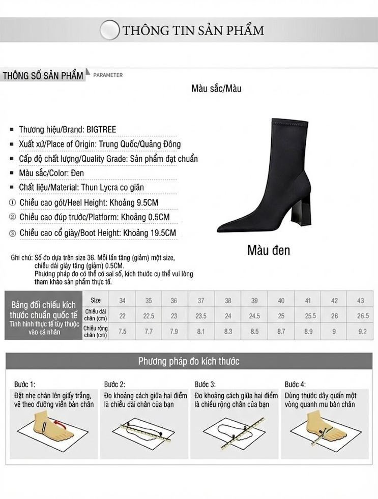 Boot Nữ Ôm Chân Co Giãn Gót Vuông Cao Cấp Chiều Cao Đế Khoảng 8cm Màu Đen chi tiết 1