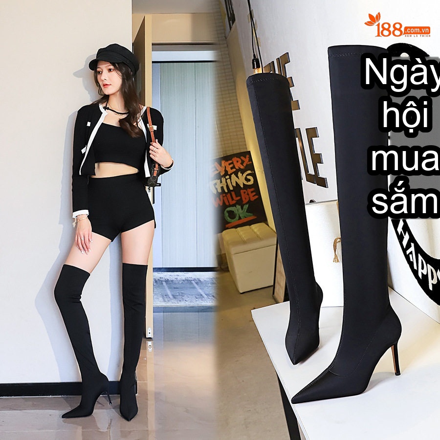 Boot Nữ Ôm Chân Mũi Nhọn Co Giãn Chiều Cao Đế Khoảng 8cm Màu Đen