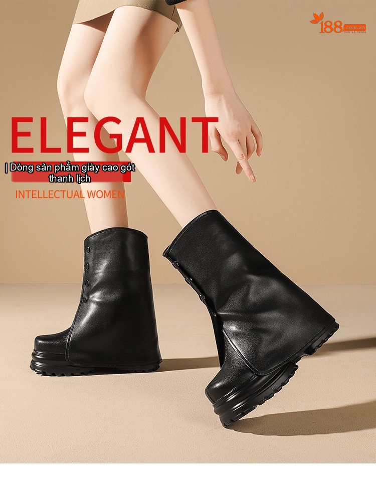 Boot Ống Cao Gót Nữ Da Bóng Chiều Cao Đế Khoảng 5cm Màu Đen, Trắng chi tiết 1
