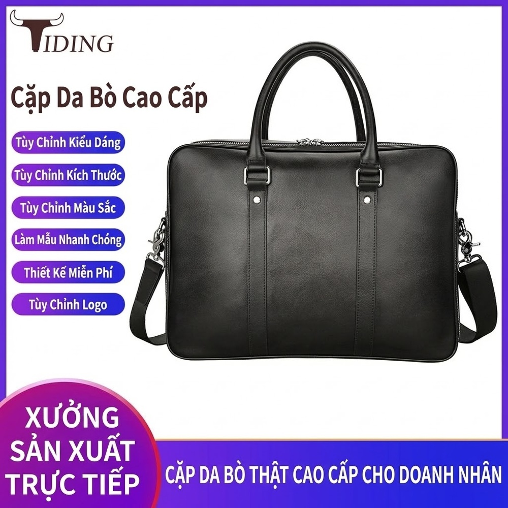 Cặp công sở da bò đựng laptop 14 inch, túi xách tay kiêm đeo chéo