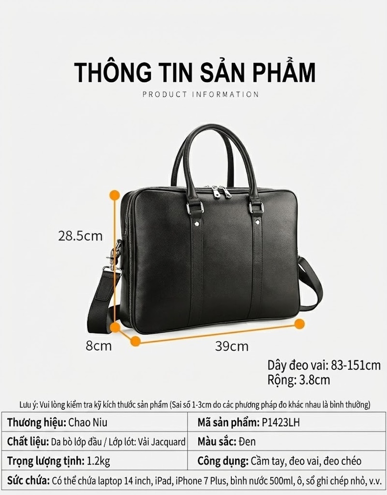 Cặp công sở da bò đựng laptop 14 inch, túi xách tay kiêm đeo chéo chi tiết 2
