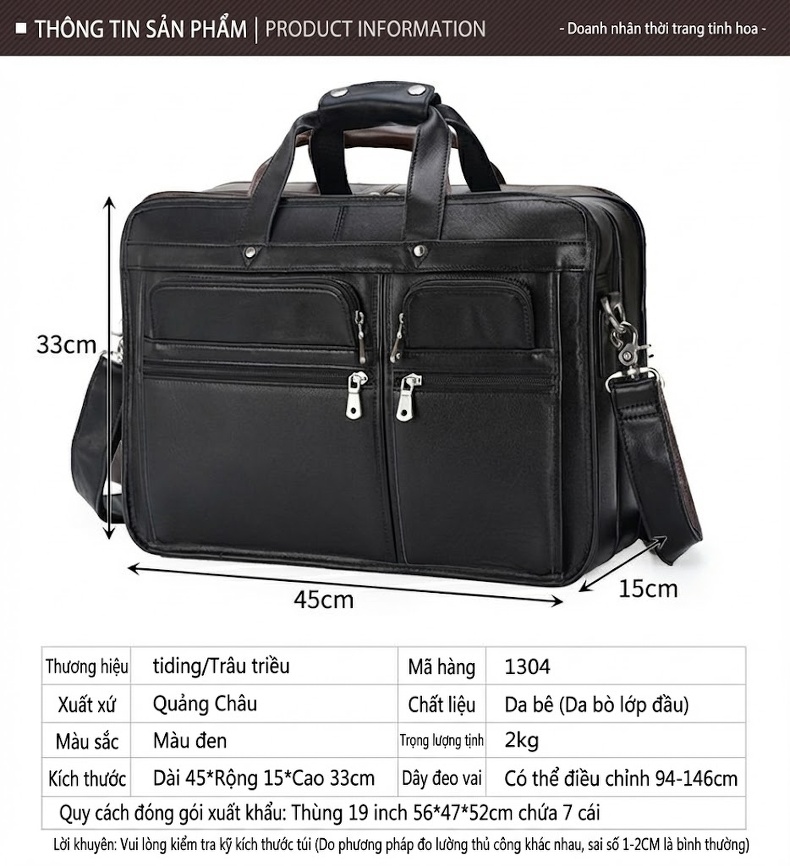 Cặp Công Sở Đựng Laptop Nam Da Bò 17 Inch Có Quai Đeo Chéo Màu Đen, Nâu chi tiết 3