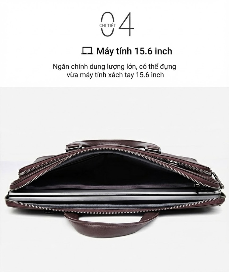 Cặp Công Sở Nam Da Bò Đựng Laptop 15.6 Inch Chống Nước Màu Nâu chi tiết 7