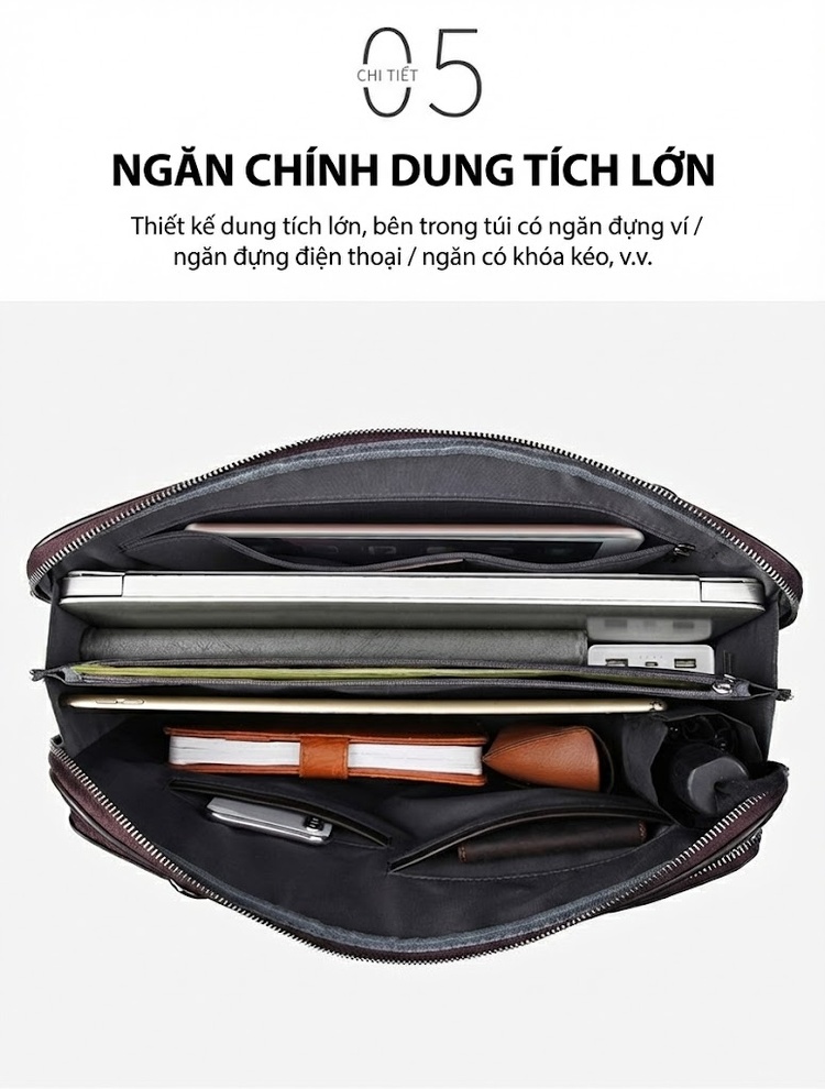 Cặp Công Sở Nam Da Bò Đựng Laptop 15.6 Inch Chống Nước Màu Nâu chi tiết 8